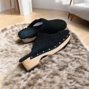 J Crew Faux Fur Sherpa Black Wooden Clogs Shoes Women Size 10